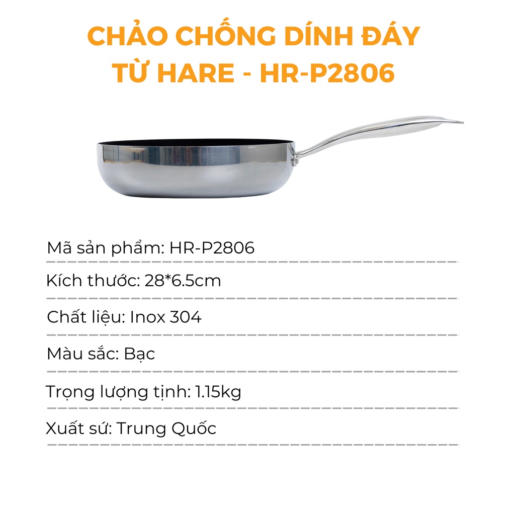 Chảo chống dính Inox có từ 3 kích thước 24 26 28cm  - thương hiệu Hare - lỗi 1 đổi 1