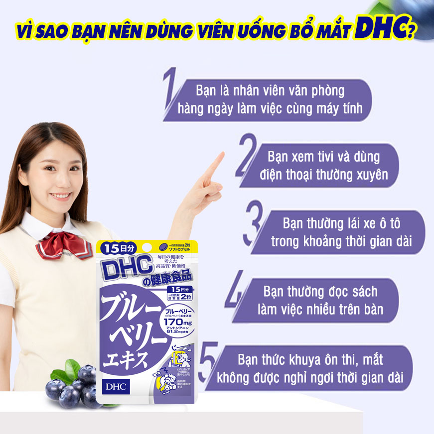 Viên uống bổ mắt việt quất DHC Nhật Bản thực phẩm chức năng tăng cường thị lực nuôi dưỡng đôi mắt khỏe mạnh gói 30 ngày JN-DHC-BLU30