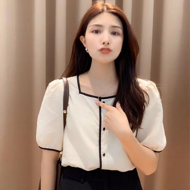 MS648 Áo sơ mi, áo kiểu nữ cổ vuông tay bồng vintage