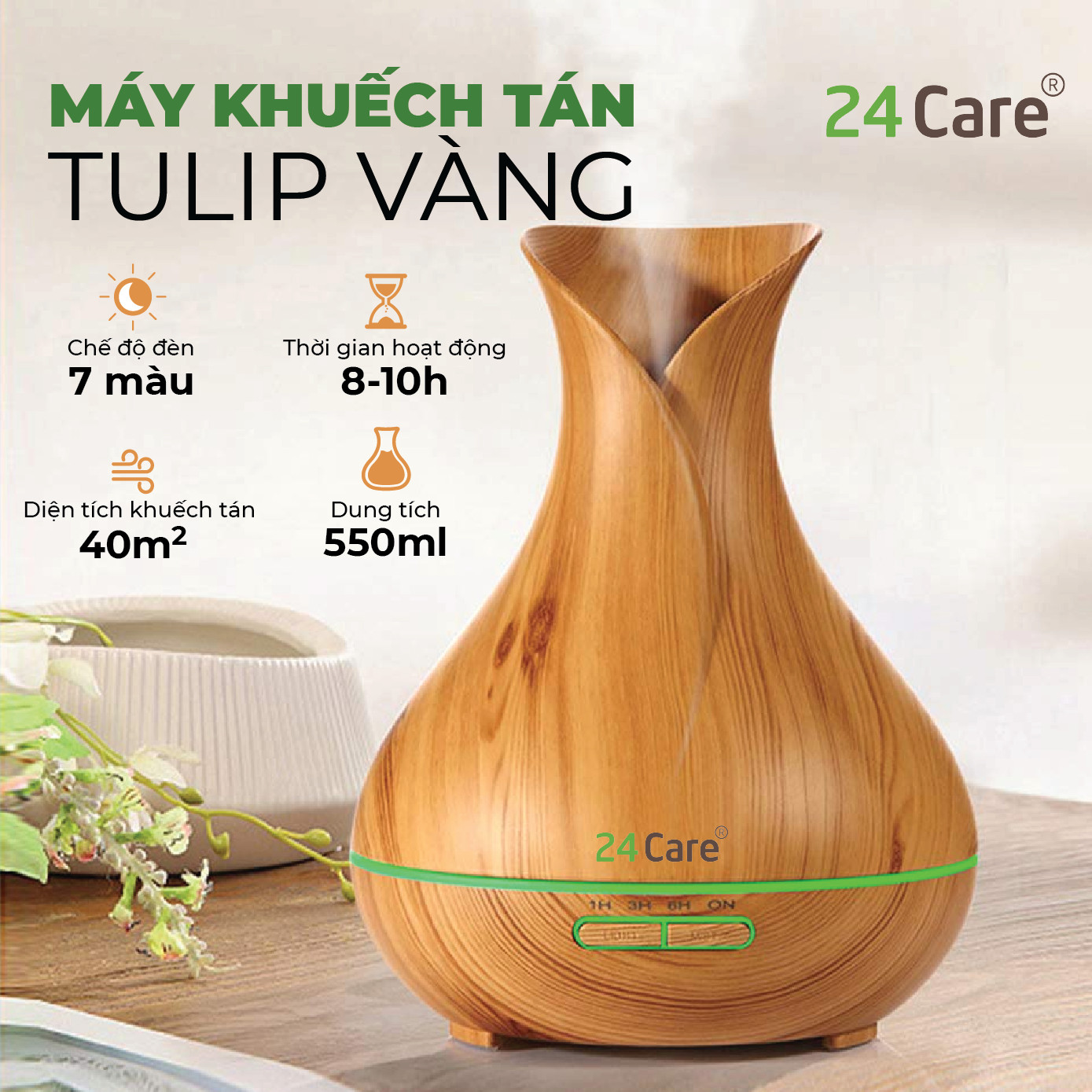 Máy khuếch tán Tinh Dầu 24Care Tulip màu Vàng Ultrasonic 500ml, Tặng 2  Chai Tinh dầu Sả Chanh + Bạc Hà 24Care 10ml | Xông Phòng | Kèm Remote Điều Khiển |Công nghệ siêu âm tiên tiến.