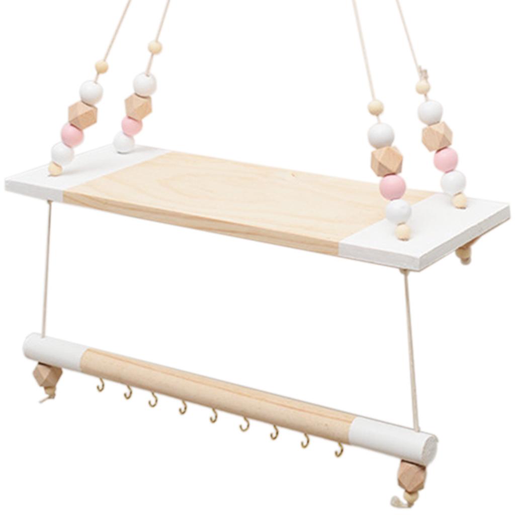 Wooden Wall Shelf With Hooks  Organizer Hanging Mount Clothes