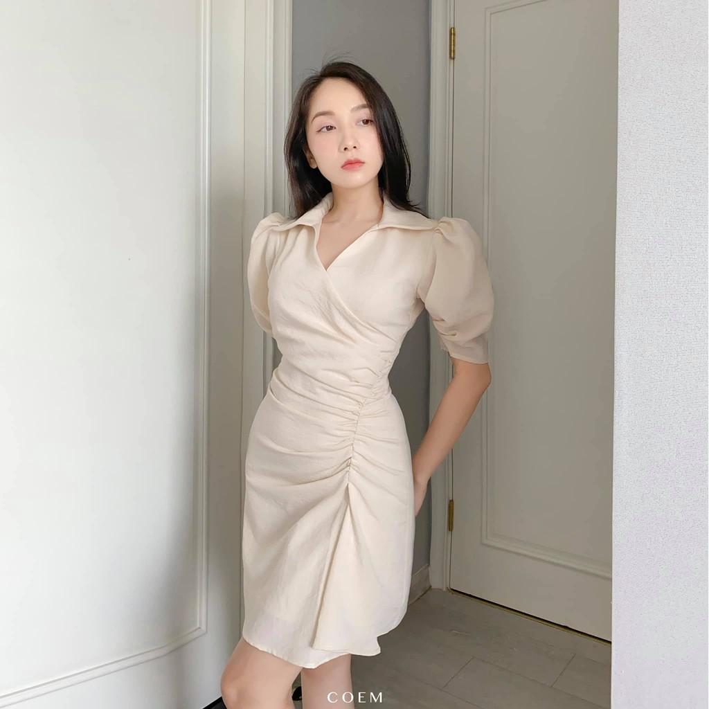 Đầm Sơ Mi Dáng Ngắn Nhún Eo Lệch Tay Phồng Màu Beige Chất Liệu Linen Premium CO EM Thiế Kế Phù Hợp Công Sở Đi Dạo Phố