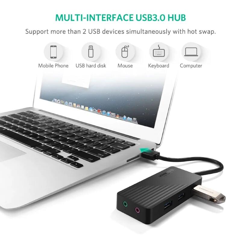 Ugreen UG30420CR133TK 30CM màu Đen Bộ chia HUB USB 3.0 sang 3 USB 3.0 + cổng âm thanh 3.5mm hỗ trợ nguồn MICRO USB - HÀNG CHÍNH HÃNG