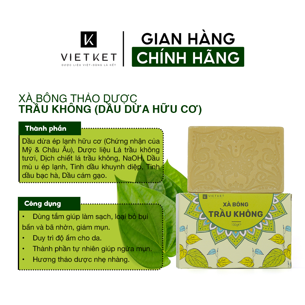 Cục Xà Bông Trầu Không VIETKET DDHC 100g - Làm Sạch, Giảm Mụn Lưng, Sáng Da, Duy Trì Độ Ẩm, Hương Thơm Thảo Dược