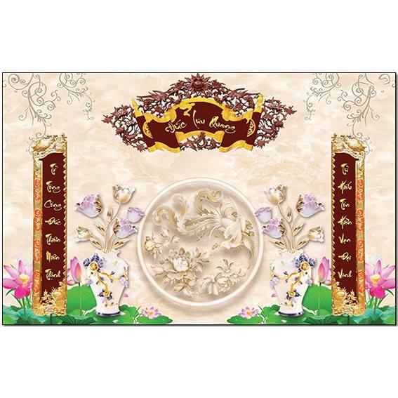 Tranh thờ hình hoa sen vàng, tranh mâm ngũ quả, câu đối, liễng thờ, tranh trang trí phòng thờ