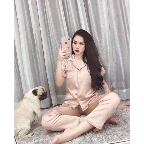 Đồ Bộ Pijama Lụa Mặc Nhà Viền Bèo Tay Cộc Phối Quần Dài