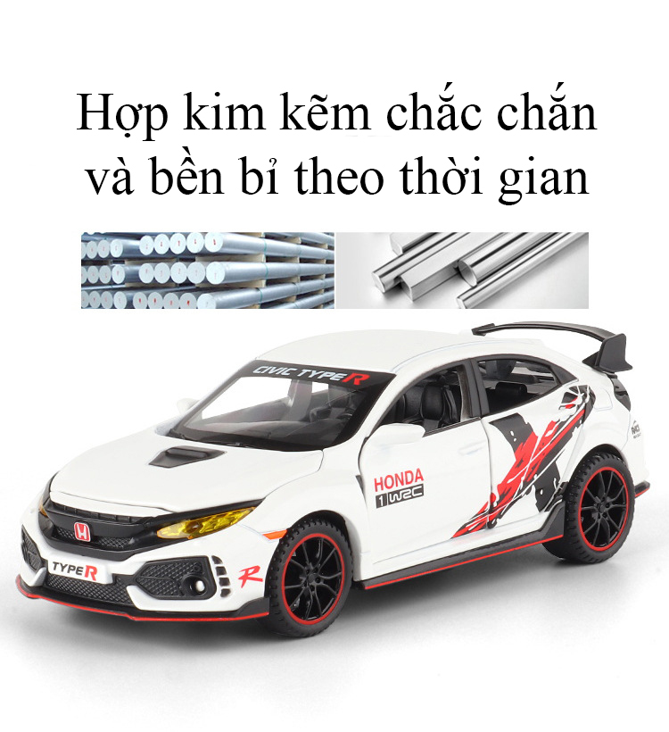 Đồ chơi KAVY-18 mô hình xe Hon.da Civic Type - R bản giới hạn bằng hợp kim nguyên khối có nhạc đèn chạy cót mở được cửa