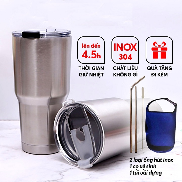 Combo Ly Giữ Nhiệt Tặng Kèm Ống Hút Inox + Túi Giữ Nhiệt + Nắp Chống Tràn + Cây Cọ Rửa