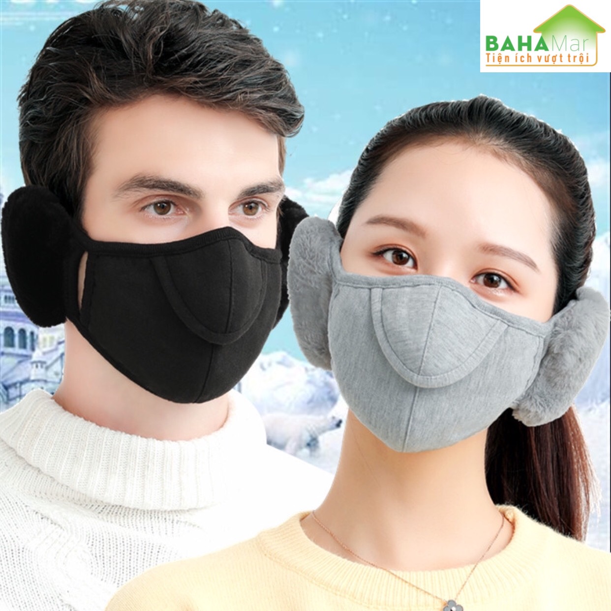 KHẨU TRANG TAI GẤU 2 TRONG 1 BAHAMAR kết hợp giữa khẩu trang và che bịt tai rất tiện và giữ ấm tốt khi ra ngoài vào mùa Đông lạnh