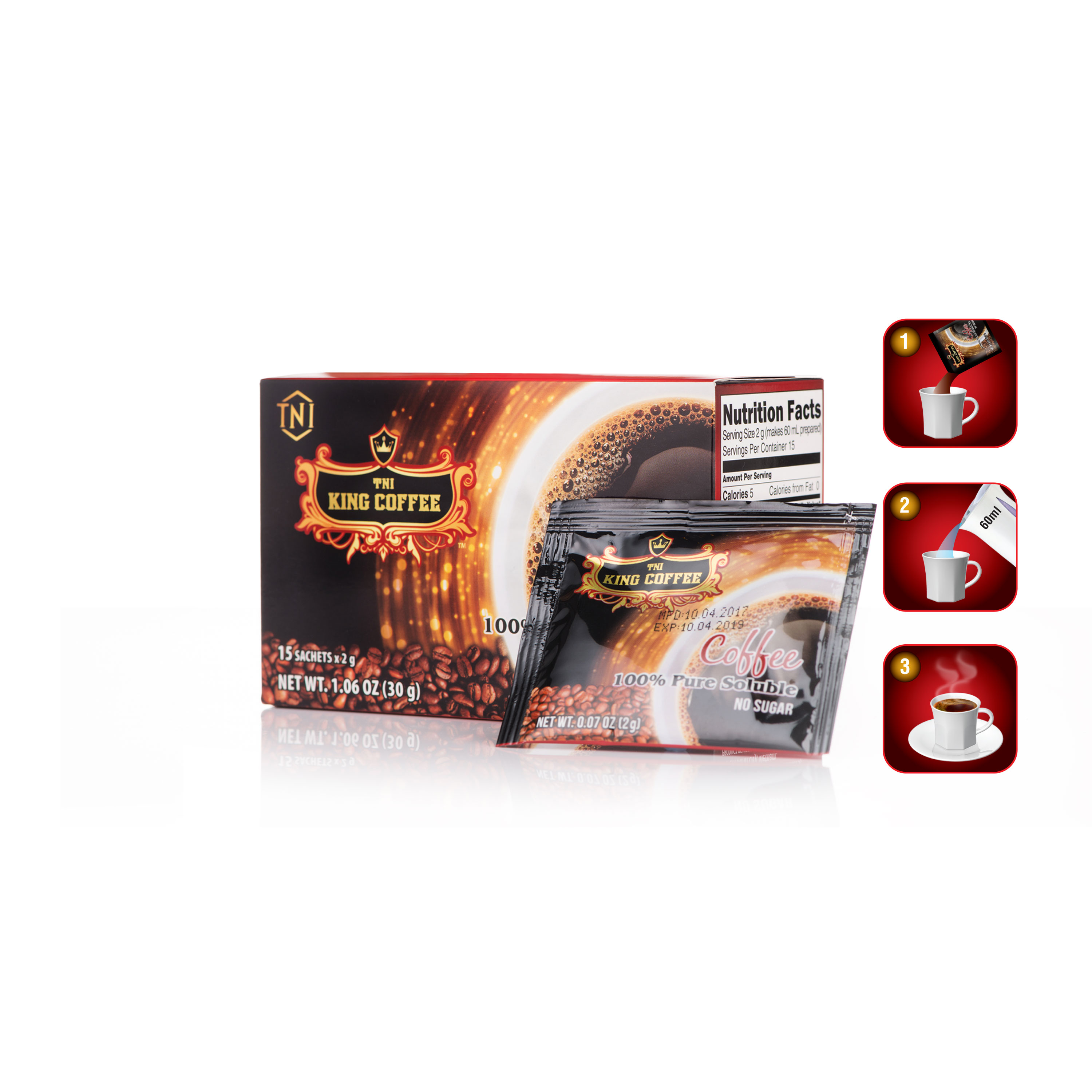 Combo 5 Cà Phê Hòa Tan 100% Đen Thuần Khiết KING COFFEE - Hộp 15 gói x 2g