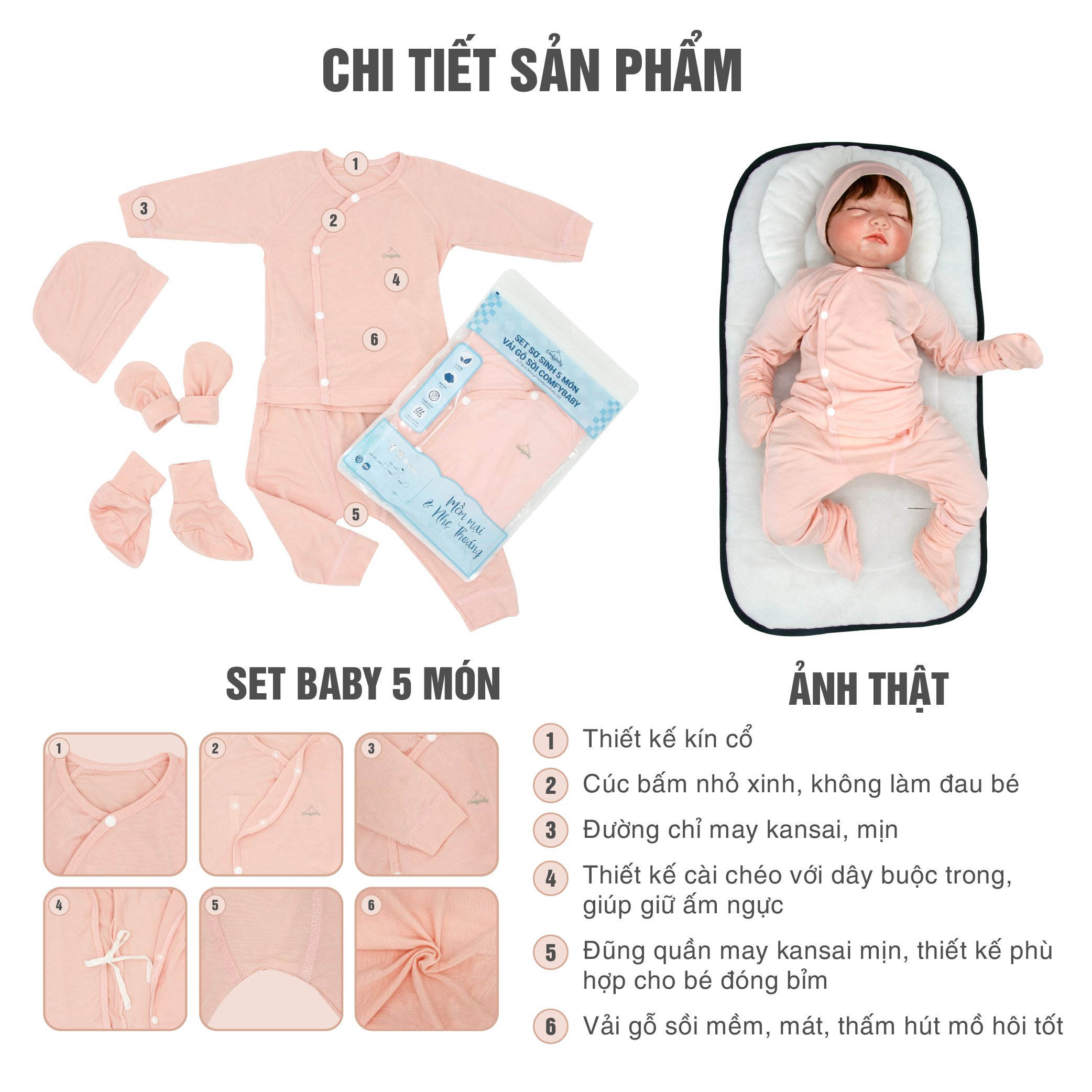 Set quần áo sơ sinh 5 món cho bé ComfyBaby (quần áo, bao chân tay, mũ)-chất Modal làm từ sợi cây sồi siêu mềm