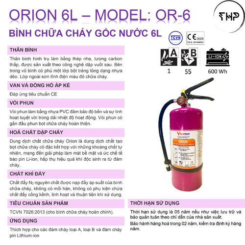Bình chữa cháy Pin Lithium Orion 6lit Or-6 /Bình chữa cháy xe điện / Bình chữa cháy Vinafoam Orion 6lit