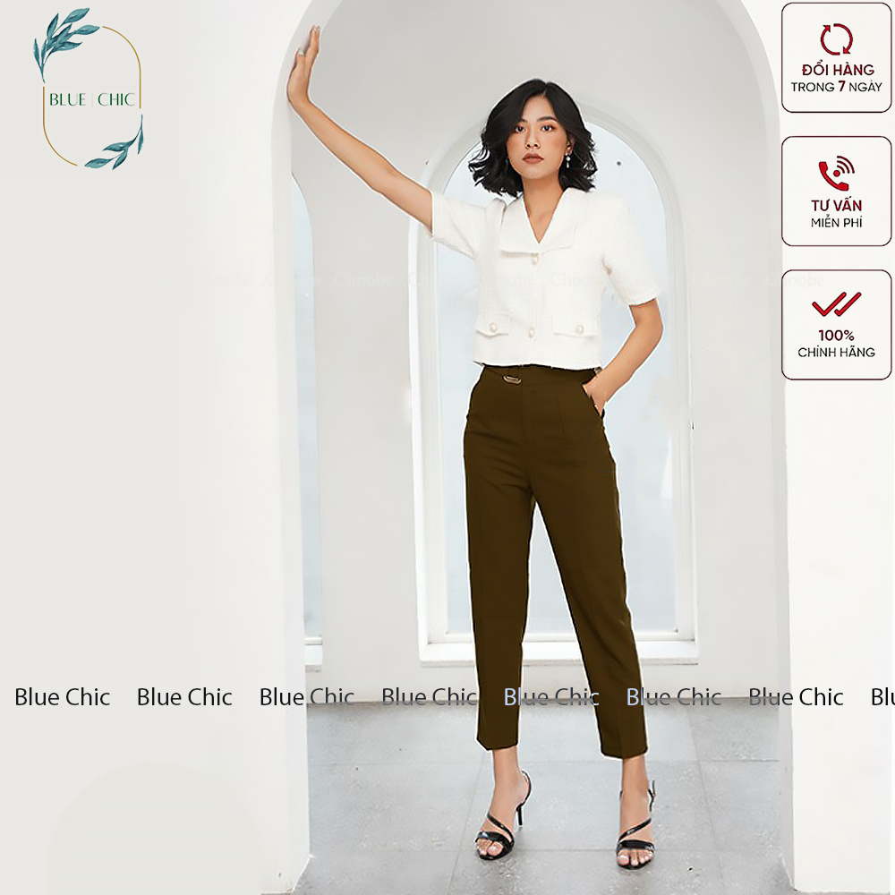 Quần baggy nữ Blue Chic đẹp chất vải cao cấp baggy công sở đai khuyên ô vuông vàng phong cách cá tính màu đen nâu