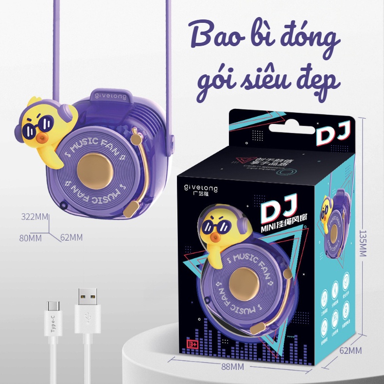 Quạt Mini Đeo Cổ Dễ Thương Hình DJ Kute Dùng Pin Sạc