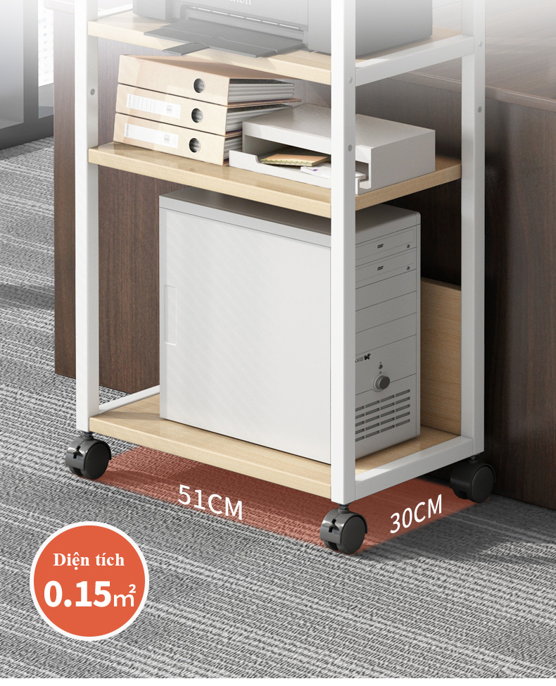 Kệ sách khung sắt 5 tầng màu gỗ sáng, Giá sách gỗ lưu trữ tài liệu hồ sơ văn phòng có bánh xe di chuyển thông minh dễ lau chùi
