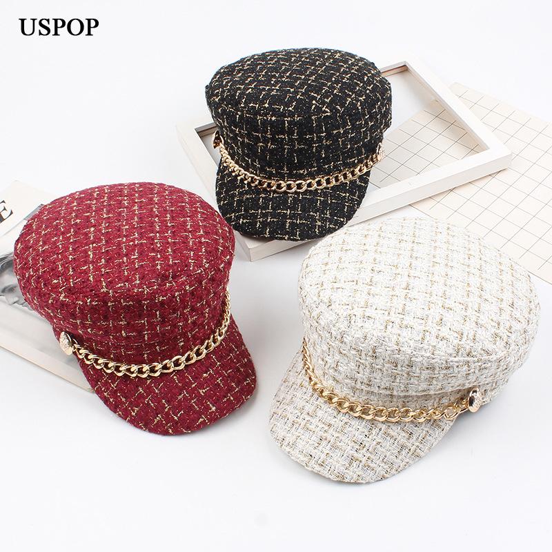 USPOP Phụ Nữ Mới Nón Tweed Kẻ Sọc Newsboy Mũ Dây Chuyền Đỉnh Bằng Phẳng Che Nắp Vintage Kẻ Sọc Mũ Quân Đội Nữ Thu Đông nón
