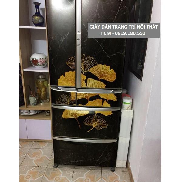 Decal dán tủ lạnh vân đá khảm hoa vàng sang trọng chất liệu cao cấp dễ lau chùi, không bong tróc