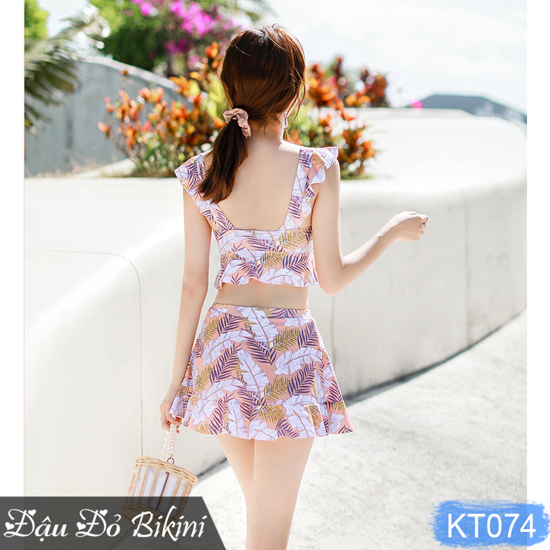 Bộ bơi nữ 2 mảnh quần váy cạp cao dấu bụng, áo vai bèo kín đáo dễ mặc, mẫu trẻ trung nhẹ nhàng, chất bơi thun bơi lạnh Hàn dày mịn | KT074