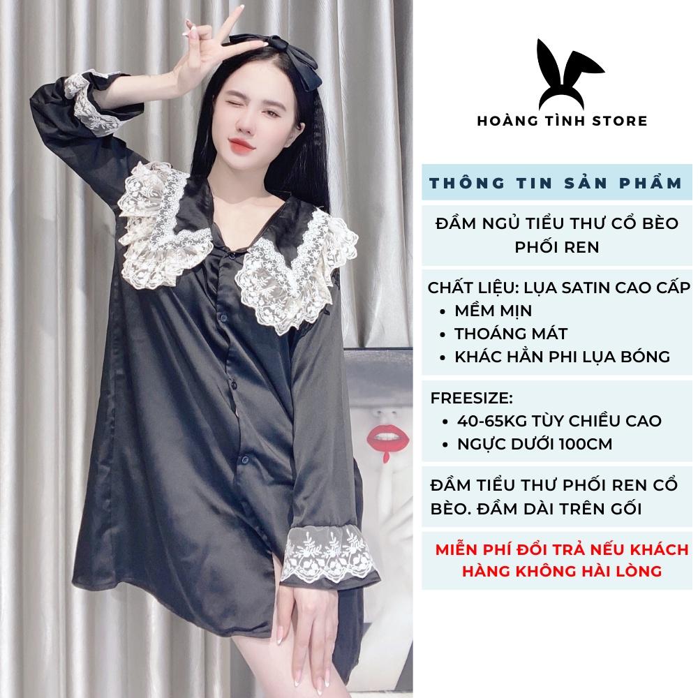 Váy ngủ lụa dễ thương mặc nhà dài tay Hoàng Tình Store đầm ngủ tiểu thư cổ bèo phối ren Freesize