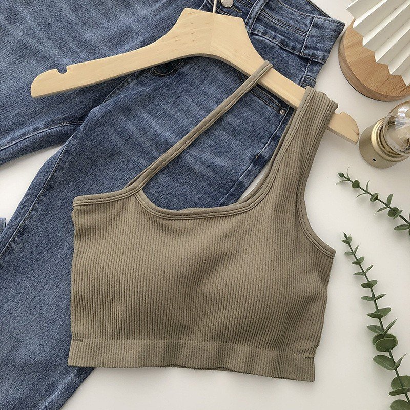 Áo hai dây quai chéo dáng croptop có đệm ngực, bra gân tăm hot hit có mood ngực thời trang