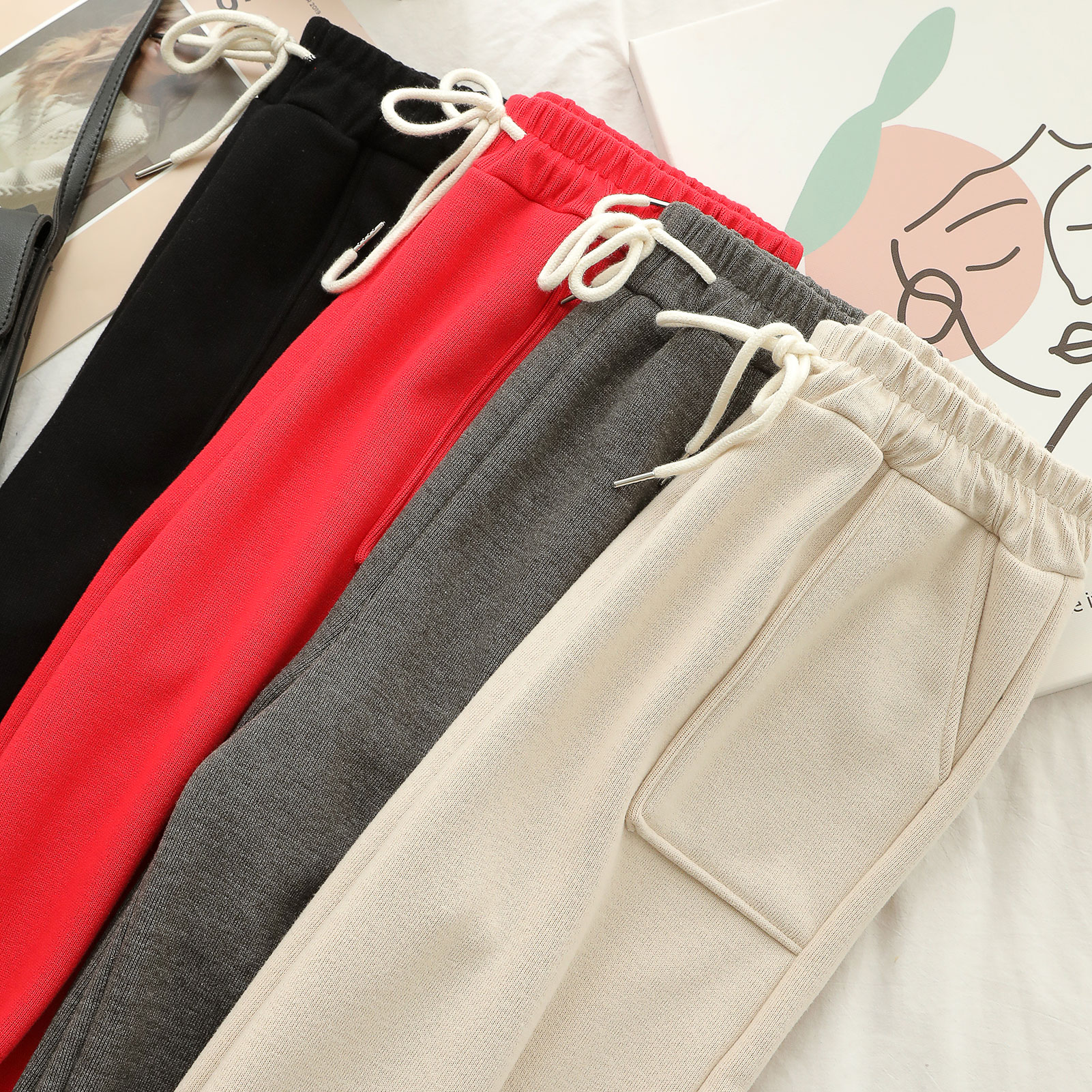 Women Winter Warm Pants Knitted Fleece Inside High Waist Drawstring Pockets Elastic Hem Harem Pants Loose Fit Casual
