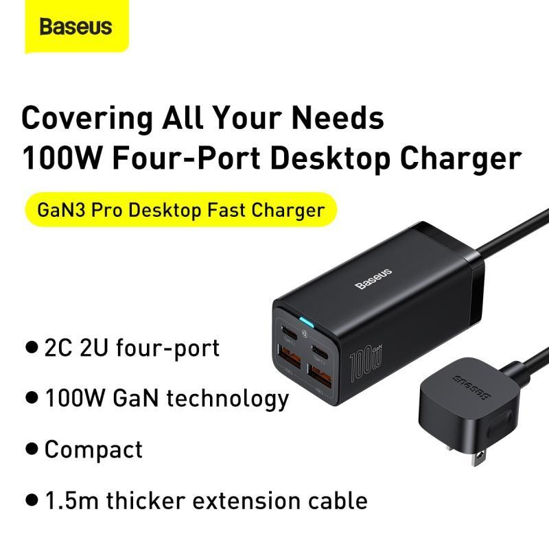 Bộ Sạc Nhanh Baseus GaN3 Pro Desktop Fast Charger 2U+2C 100W US Black (Hàng chính hãng)