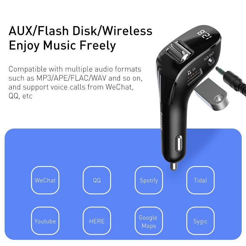 Tẩu sạc đa năng tích hợp phát nhạc từ USB dùng cho xe ô tô Baseus Streamer F40 AUX/FM Wireless MP3 Car Charger - Hàng chính hãng
