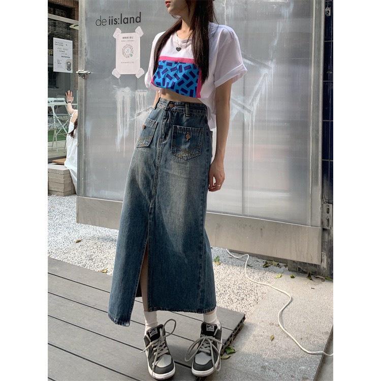 Chân váy jean denim EMIX, váy bò, dáng chữ A, lưng cao, xẻ tà, cạp cao, 2 túi trước 6818