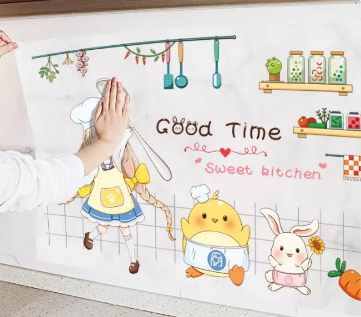 Miếng dán bếp Chống dầu mỡ Nhựa PVC trong suốt in họa tiết Good Time