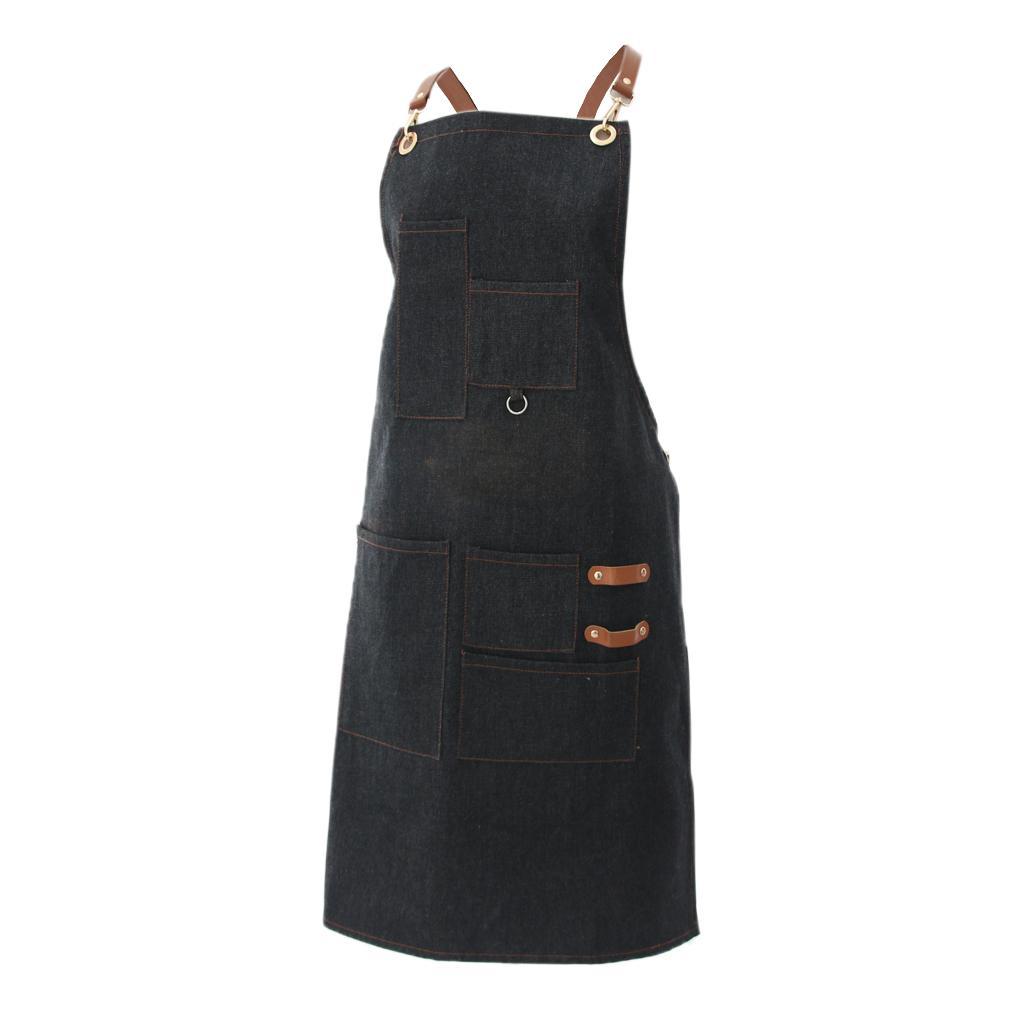 Men Women Denim Apron Bib with Pockets Cafe Kitchen Cooking Painting