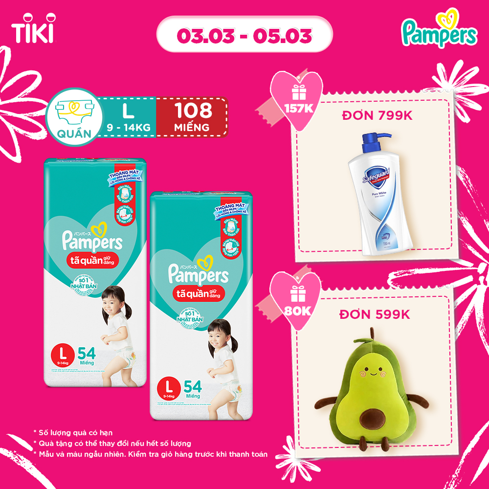 Combo 2 Gói Tã/Bỉm Quần PAMPERS Giữ Dáng Mới Gói Đại M60/L54/XL48/XXL44 x2