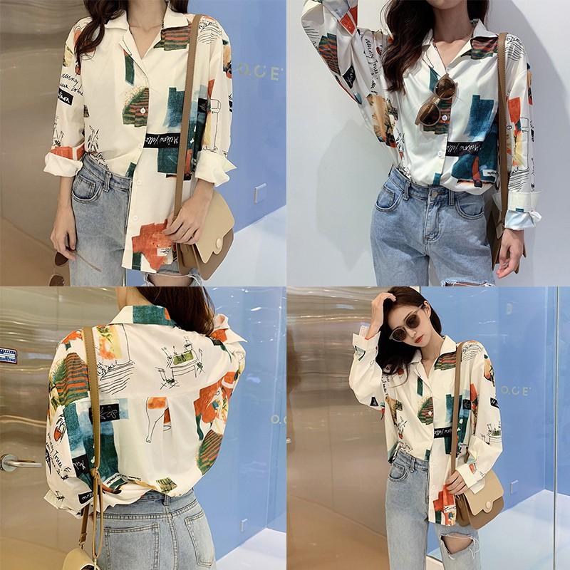Áo sơ mi dài tay form rộng in họa tiết hoạt hình phong cách vintage thời trang