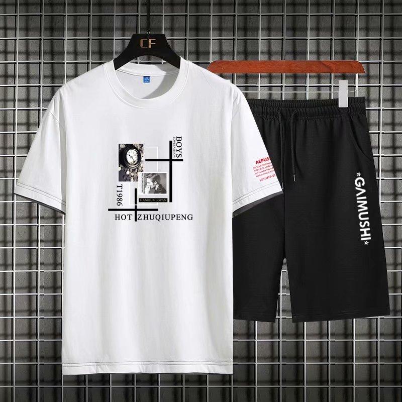 Set Áo Thun Ngắn Tay Cổ Tròn Giả Hai Lớp + Quần Short Thể Thao Cho Nam