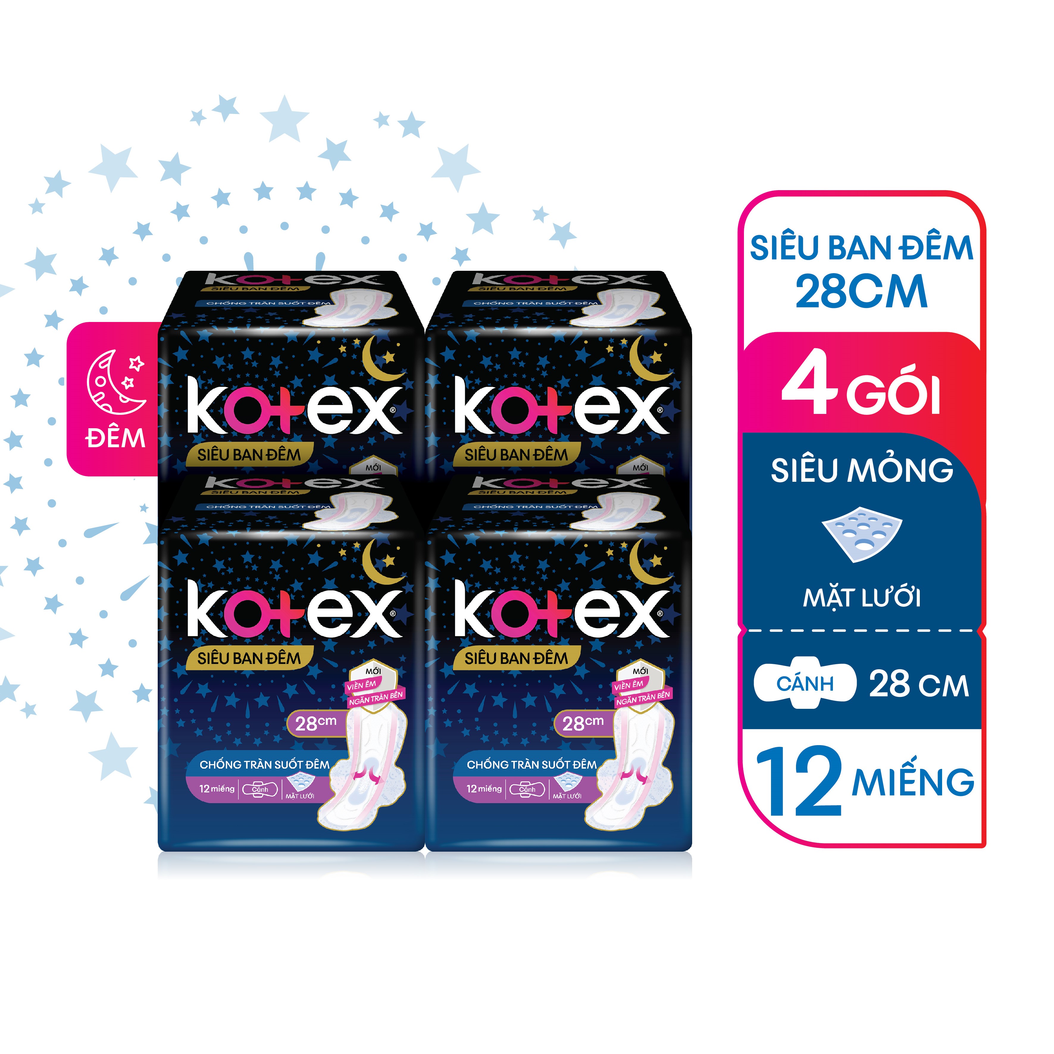 Combo 4 Băng Vệ Sinh Kotex Siêu Ban Đêm 28cm 12 miếng