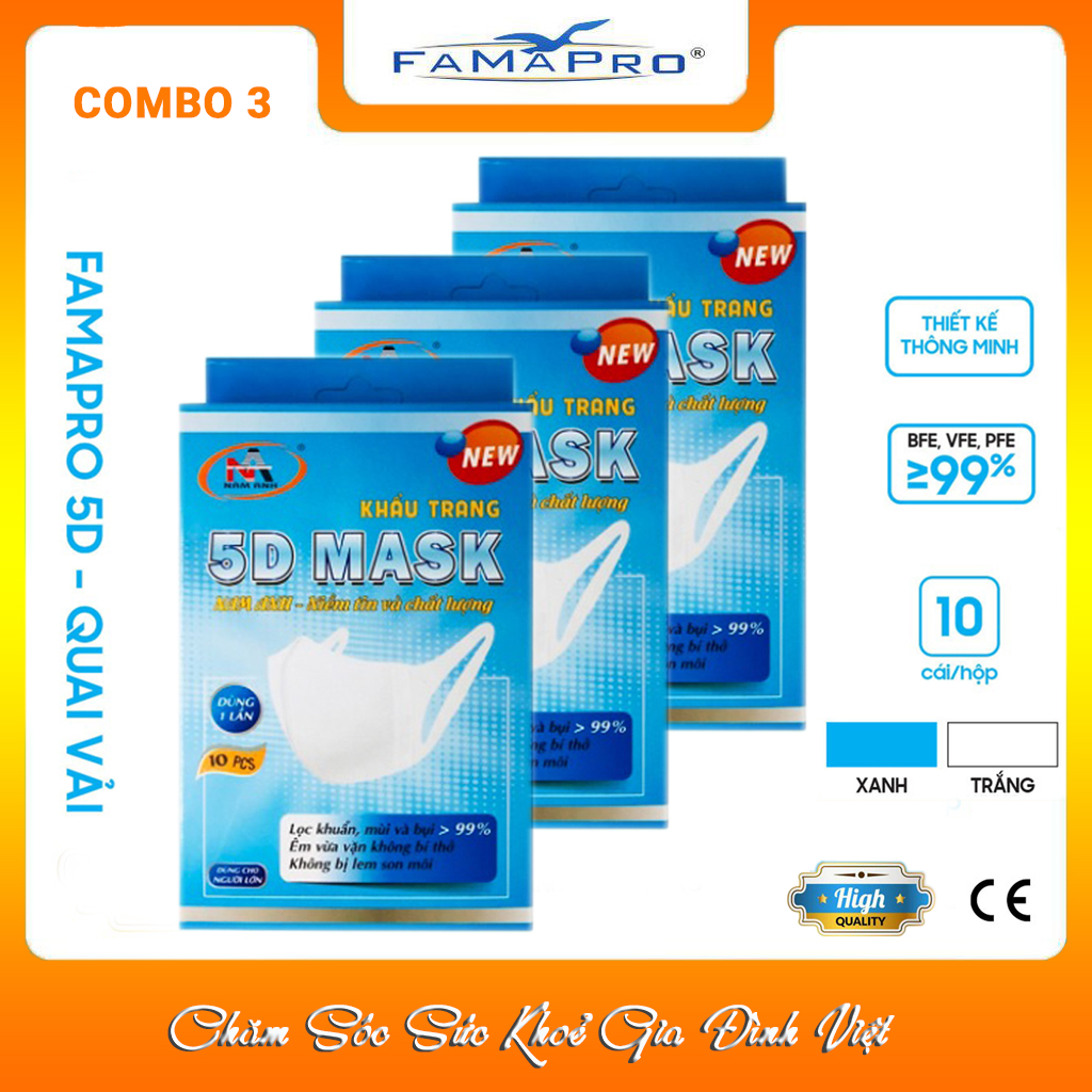 ] Khẩu Trang Y Tế Kháng Khuẩn 3 Lớp Famapro 5D Mask/Quai Vải/CHÍNH HÃNG Hộp 10 Cái