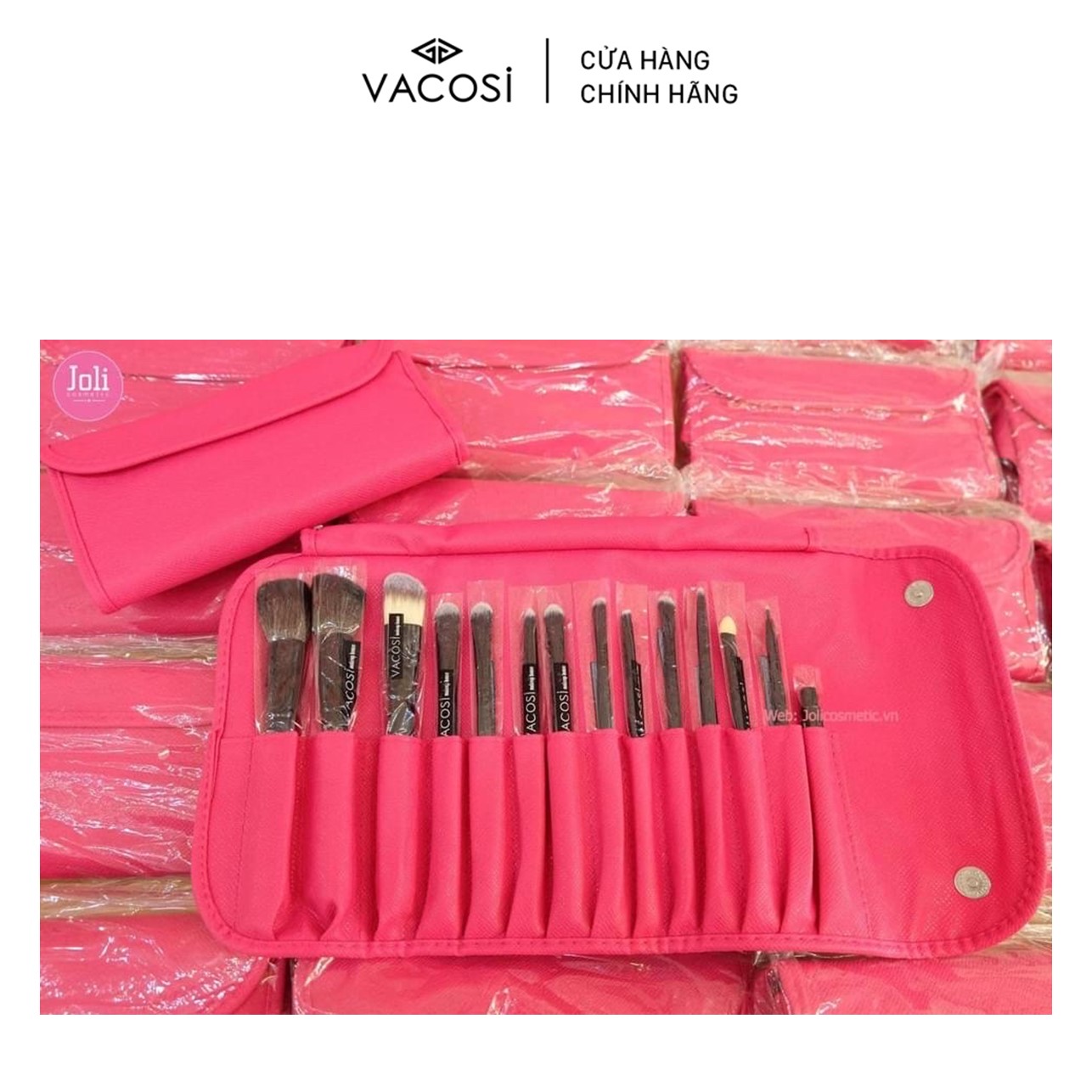 Bộ Cọ Cá Nhân 14 cây &amp; Bóp da Hồng - BC09 VACOSI ESSENTIAL BRUSH SET - 14 PCS