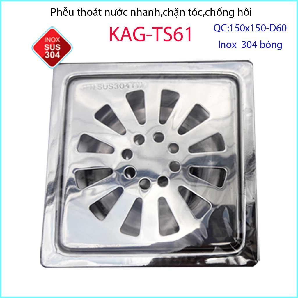 Phễu thoát sàn 15x15cm KAG-TS61  chống mùi hôi inox 304, hố ga thoát sàn 15x15cm cho ống D60mm mặt hoa cúc
