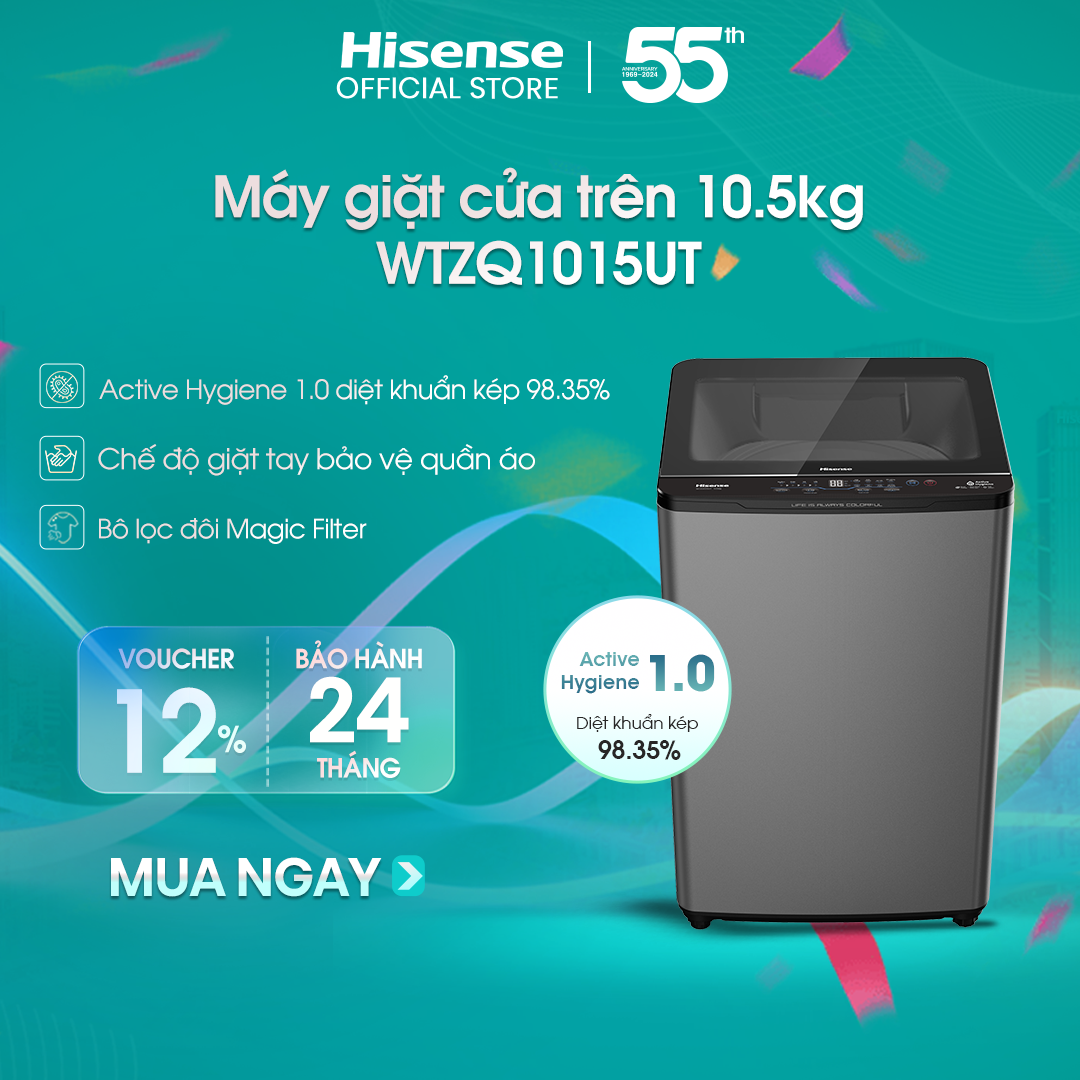 Máy giặt Hisense cửa trên WTZQ1015UT 10.5kg bộ lọc xơ vải kép, bảo hành 3 năm - HÀNG CHÍNH HÃNG