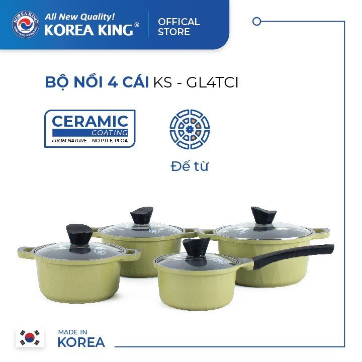 KS-GL4TCI Bộ nồi Korea King ( màu xanh, bộ gồm 3 nồi đường kính 20, 22, 24cm + 1 quánh 18cm, nắp kính) Hàng chính hãng