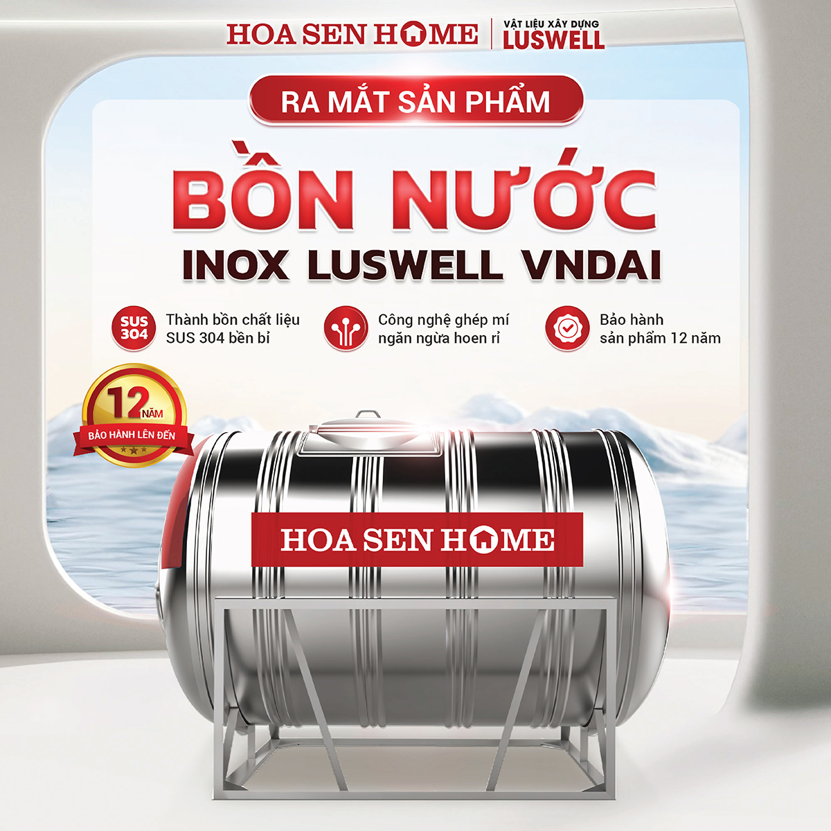 Bộ bồn nước INOX LUSWELL VNDAI ngang dung tích 4000-5000L, chất liệu Inox SUS 304 bền bỉ, công nghệ ghép mí chống rò rỉ - Hoa Sen Home - Hàng chính hãng - MIỄN PHÍ VẬN CHUYỂN