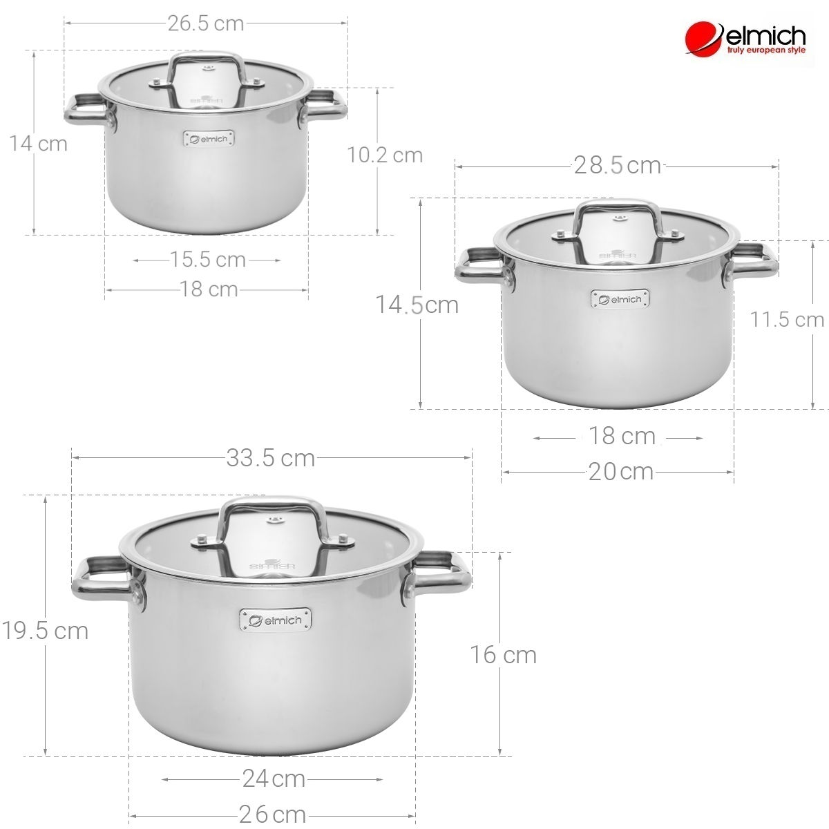 Bộ 3 nồi inox 304 liền khối Elmich Trimax ECO size 18, 20, 26cm - Hàng chính hãng