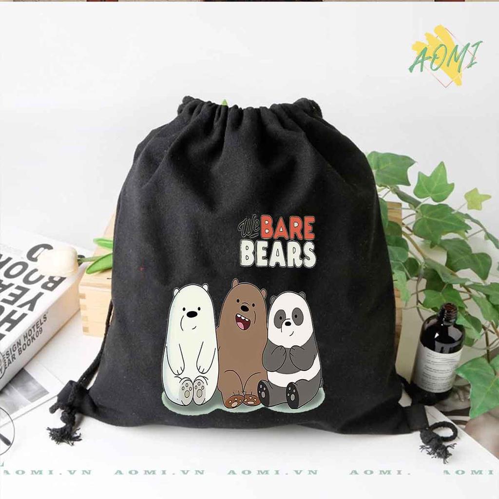 BALO MINI GẤU WE ARE BEARS AOMIVN DÂY RÚT ĐEO VAI 33x38cm NHỎ XINH UNISEX CHẤT CANVAS CUTE TIỆN ÍCH DU LỊCH ĐEN TRẮNG