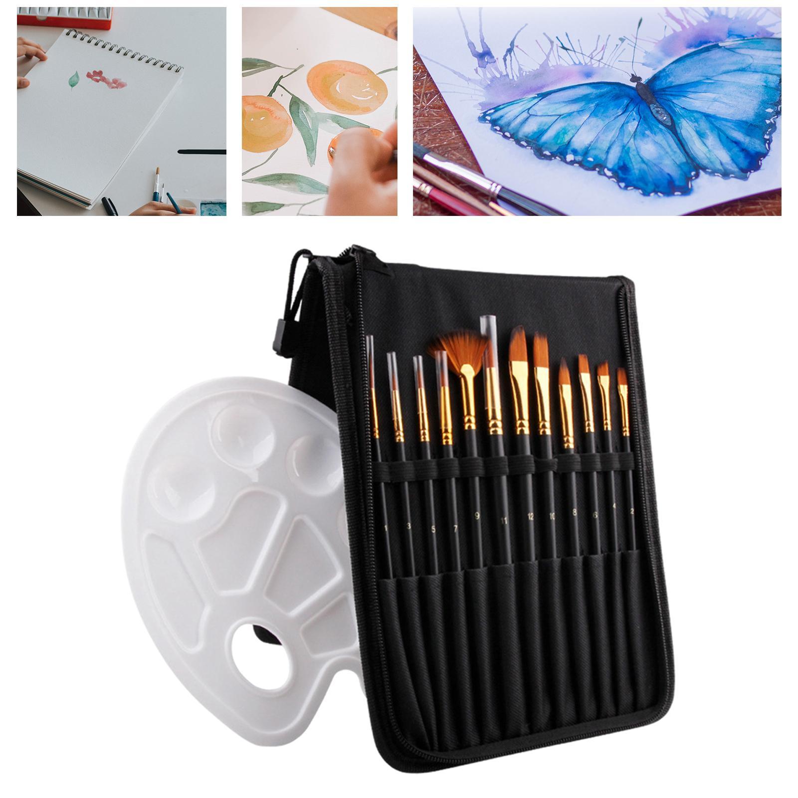 14 Pack Paint Brush Set with 12 Brushes, 1 Palette and 1 Carrying Case for Watercolor, Oil, Acrylic Painting