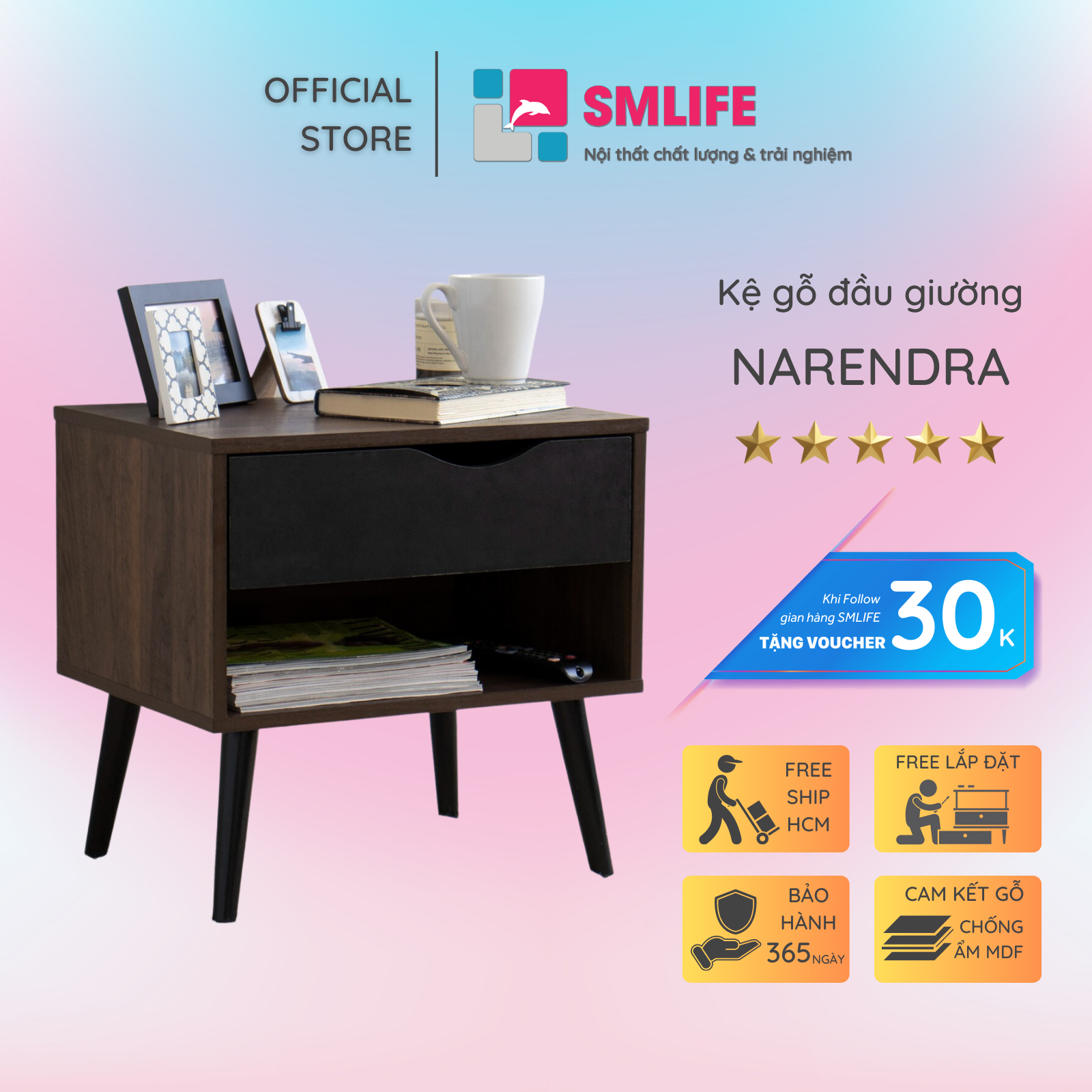 Kệ gỗ đầu giường hiện đại SMLIFE Narendra | Gỗ MDF dày 17mm chống ẩm | D50xR40xC55cm