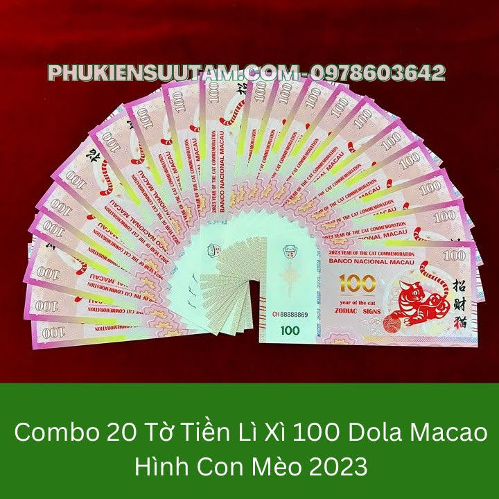 Combo 20 Tờ Lì Xì 100Dollar Macao Hình Con Mèo 2023, kích thước: 15.5cmx7.5cm, màu trắng- SP005438