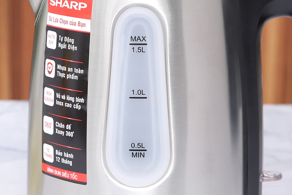 Bình đun Siêu Tốc 1.5 Lít Sharp EKJ-15EVS-ST Vạch báo mực nước, Cảm biến nhiệt: FADA - Hàng chính hãng, BH 12 tháng
