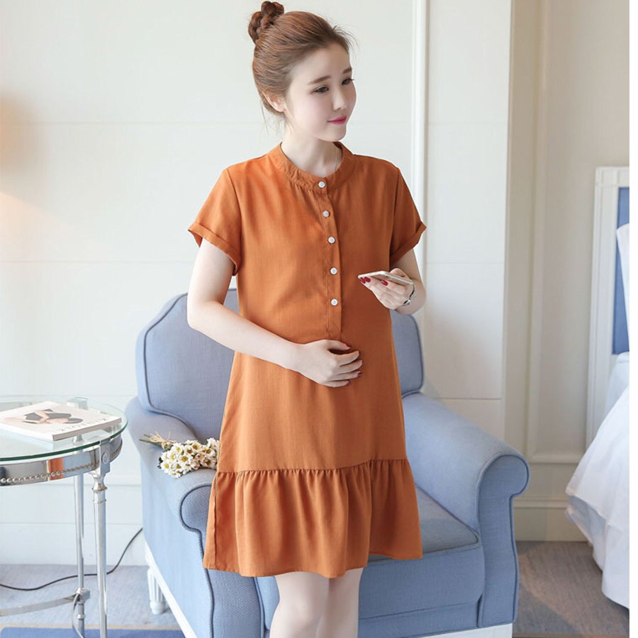 Váy bầu nâu đất cổ tàu cộc tay
