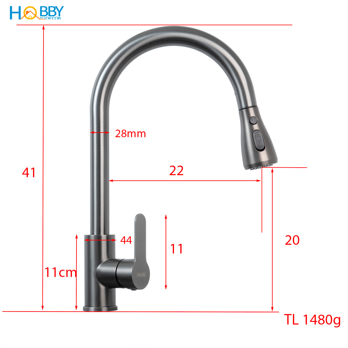 Vòi rửa chén nóng lạnh dây rút inox 304 sơn xám Hobby home decor VDR15
