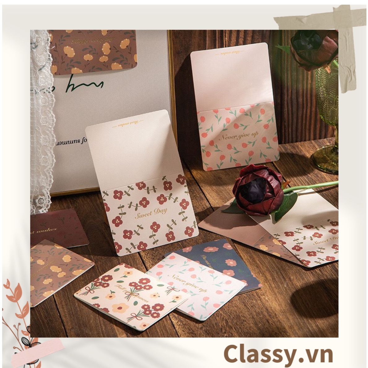 Thiệp Cổ điển Vintage in họa tiết hoa nhí giấy art sang trọng kèm phong bì giấy kraft nâu Q724