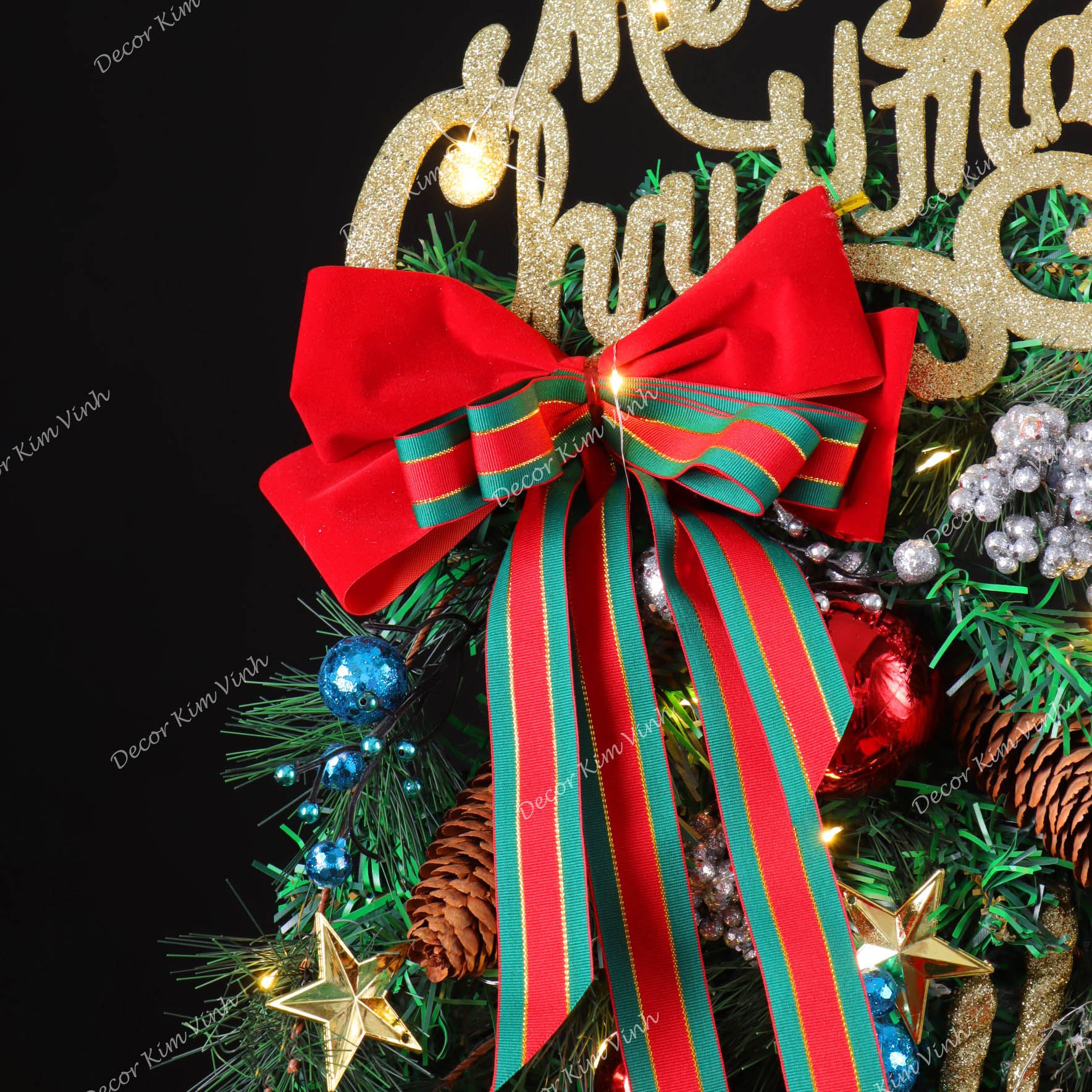 Dây Treo Chùm Thông CT08 Chùm Thông Merry Nơ Sọc Đỏ Trang Trí Noel Kèm đèn